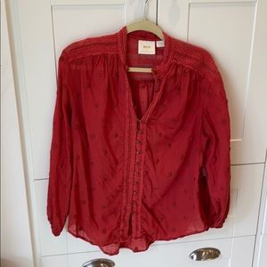 ANTHROPOLOGIE Papaya embroidered lng sleeve blouse
